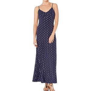 $125+NEW MICHAEL Michael Kors Navy Blue Gold Foil Medallion Slip Maxi Dress Sz M